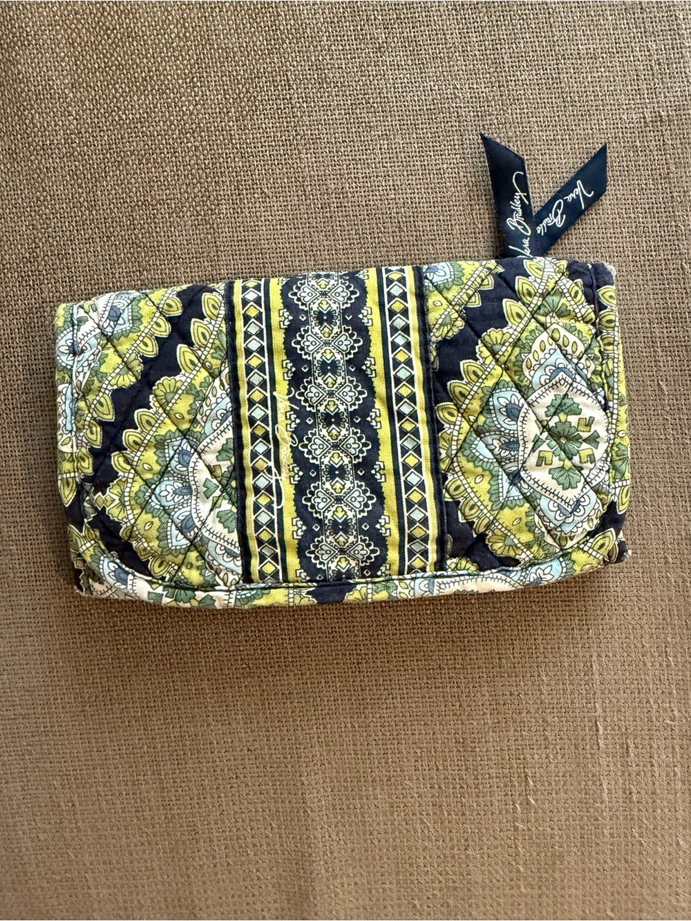 Vera Bradley Quilted Wristlet in Yellow and Navy Floral Print